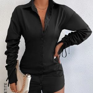 SHEIN PETITE Drawstring Cuff Button Up Fitted Shirt Dress
